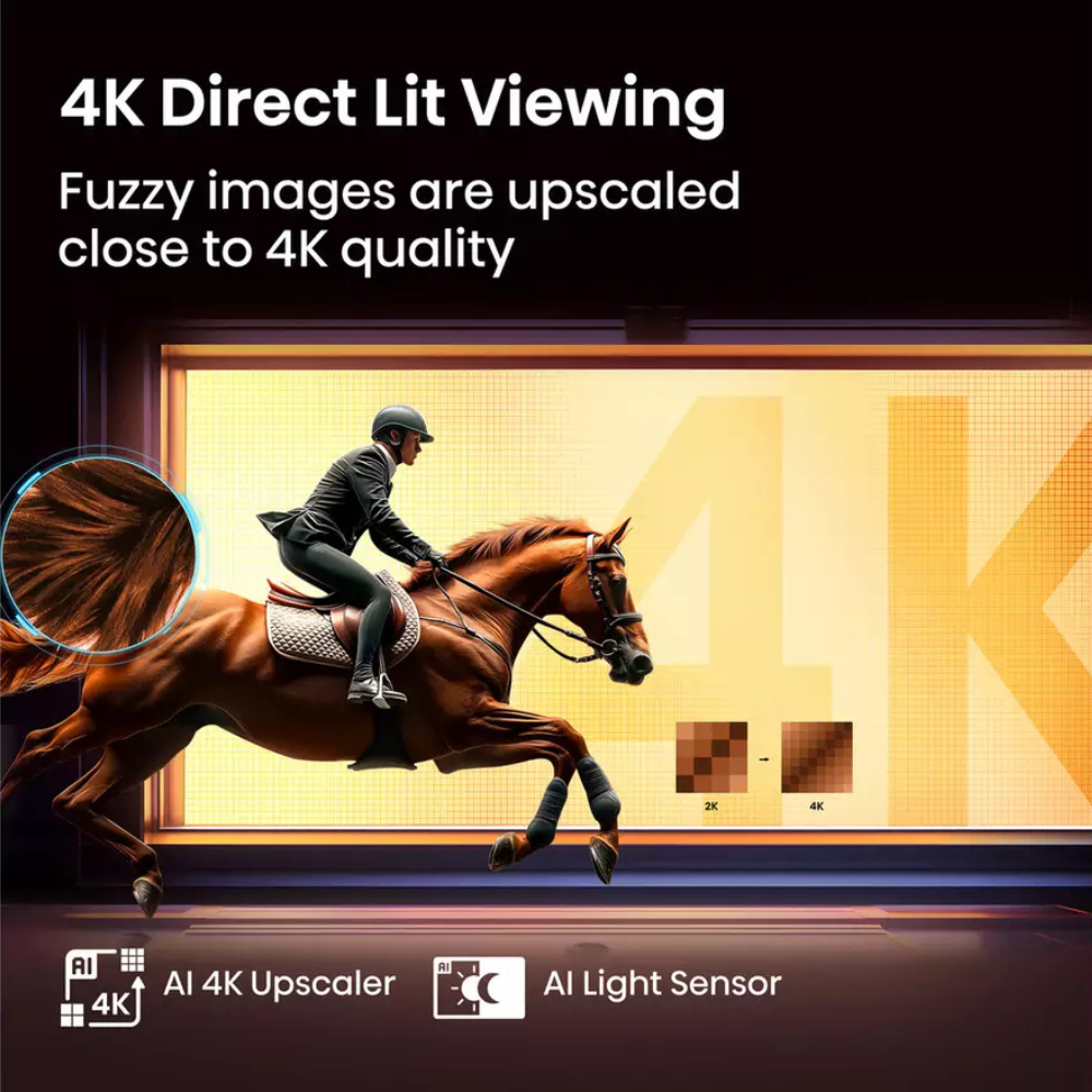 Hisense 4K Direct Lit Viewing TV with horse arena scene on screen