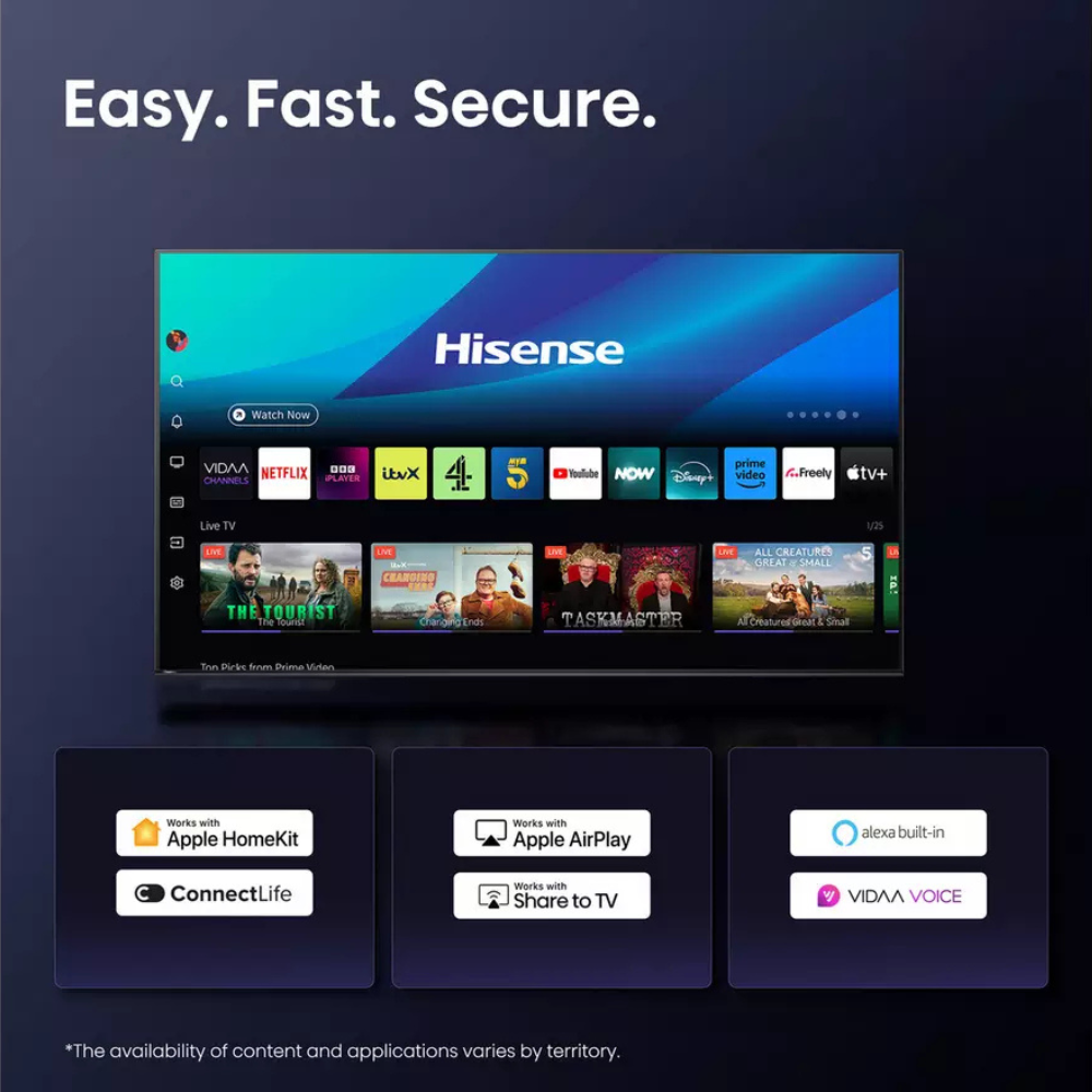 Hisense smart TV screen with streaming apps and Easy Fast Secure layout
