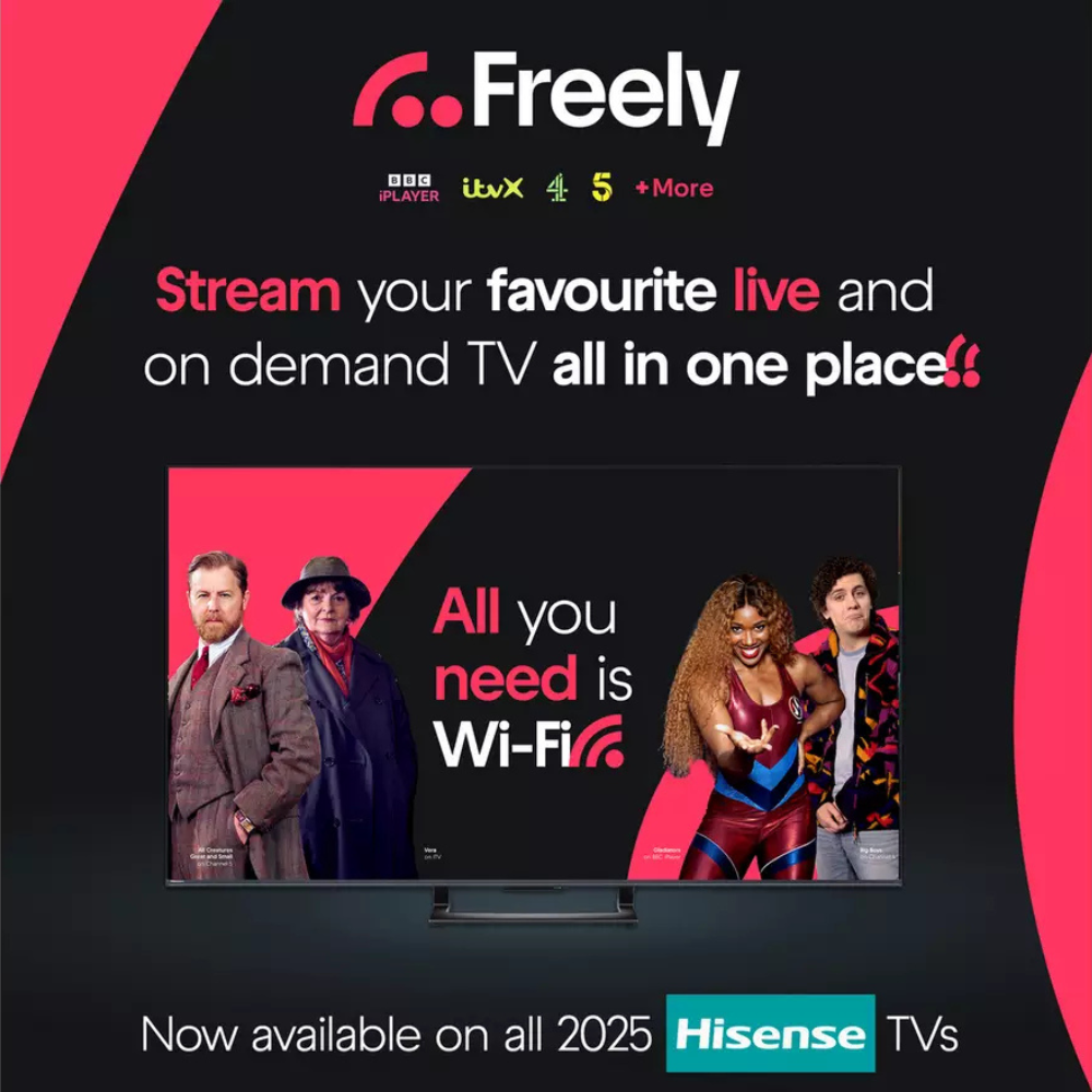 Freely streaming TV promo with Hisense logo on a black screen