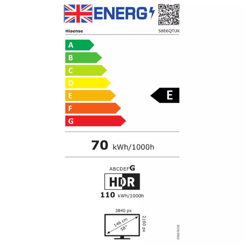 Hisense 58E6QTUK TV energy label showing E rating, 70 kWh/1000h and HDR