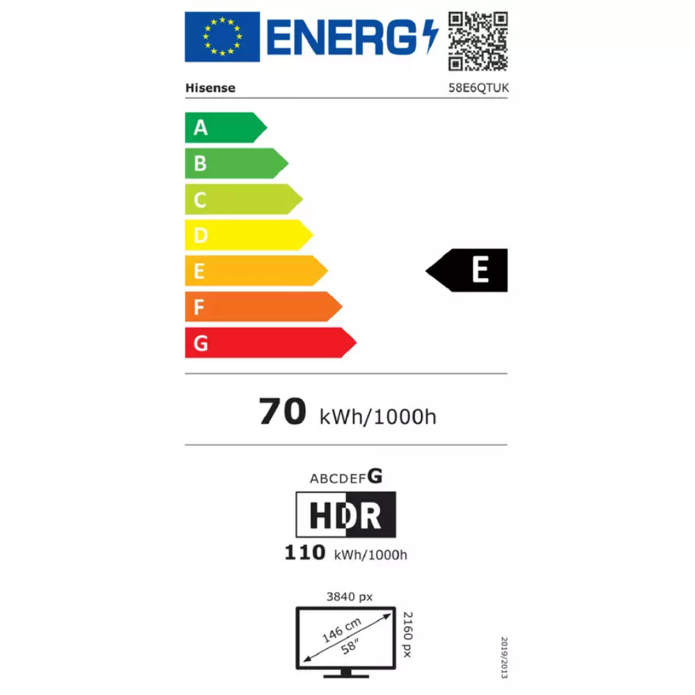EU energy label for Hisense 58E6QTUK TV showing E rating, 70 kWh/1000h and HDR
