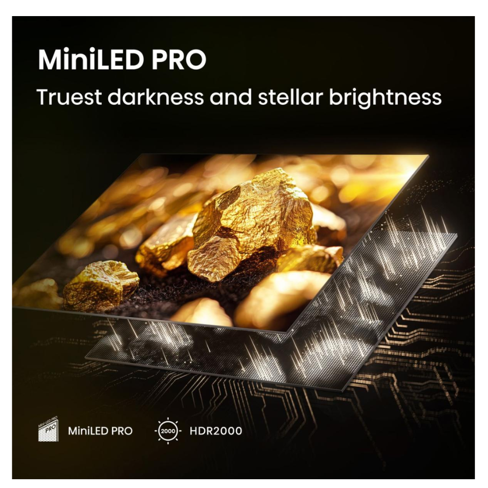 MiniLED PRO TV panel featuring HDR2000 graphic and bright rocks