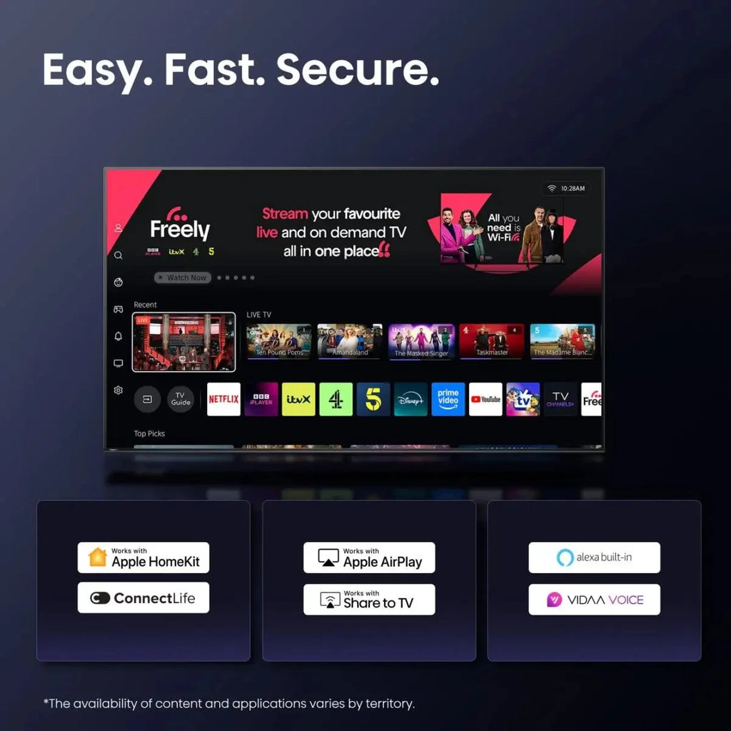 85-inch smart TV screen showing app home menu and voice assistant icons