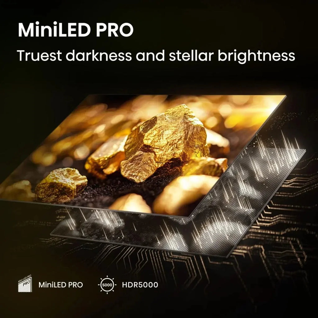 Smart TV screen showing bright rocks and circuitry graphic with angled display panel