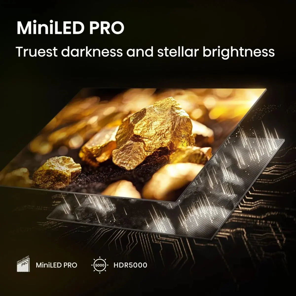 Smart TV screen showing bright rocks and circuitry graphic with angled display panel