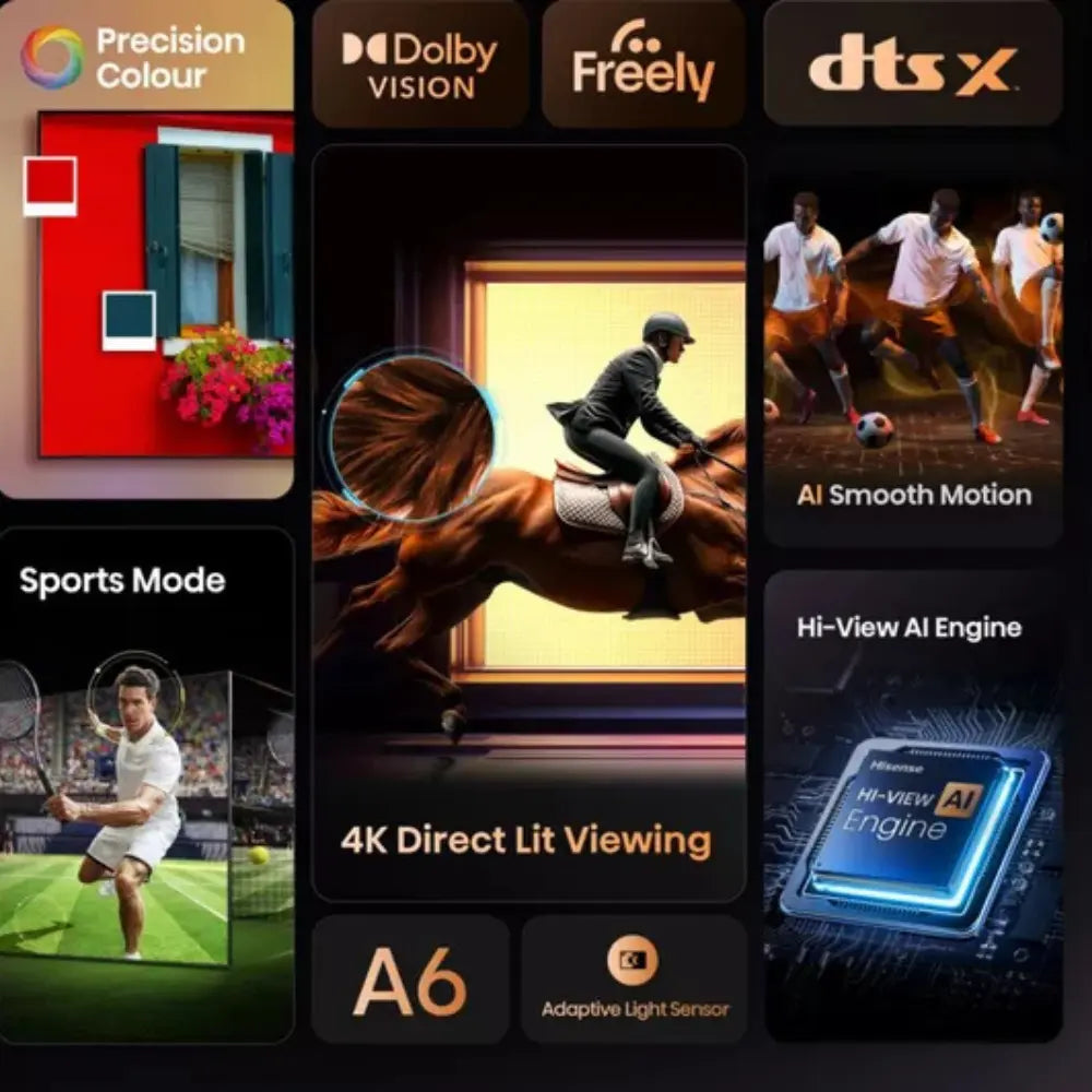 Hisense 4K HDR smart TV screen collage with sports and AI smooth motion icons.