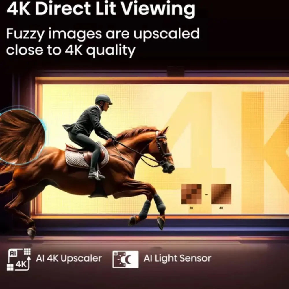 Hisense 4K HDR smart TV screen showing horse riding upscaling and AI upscaler.