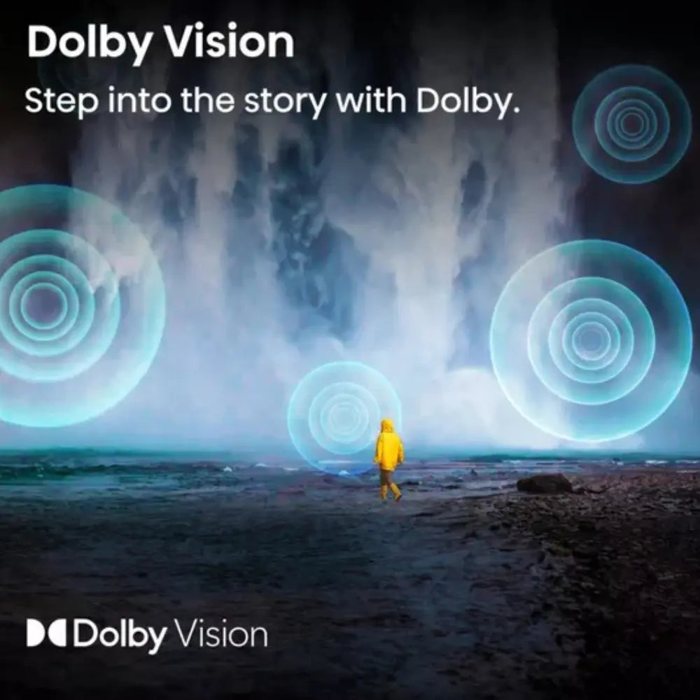 Hisense TV screen with Dolby Vision branding and glowing blue concentric circles.