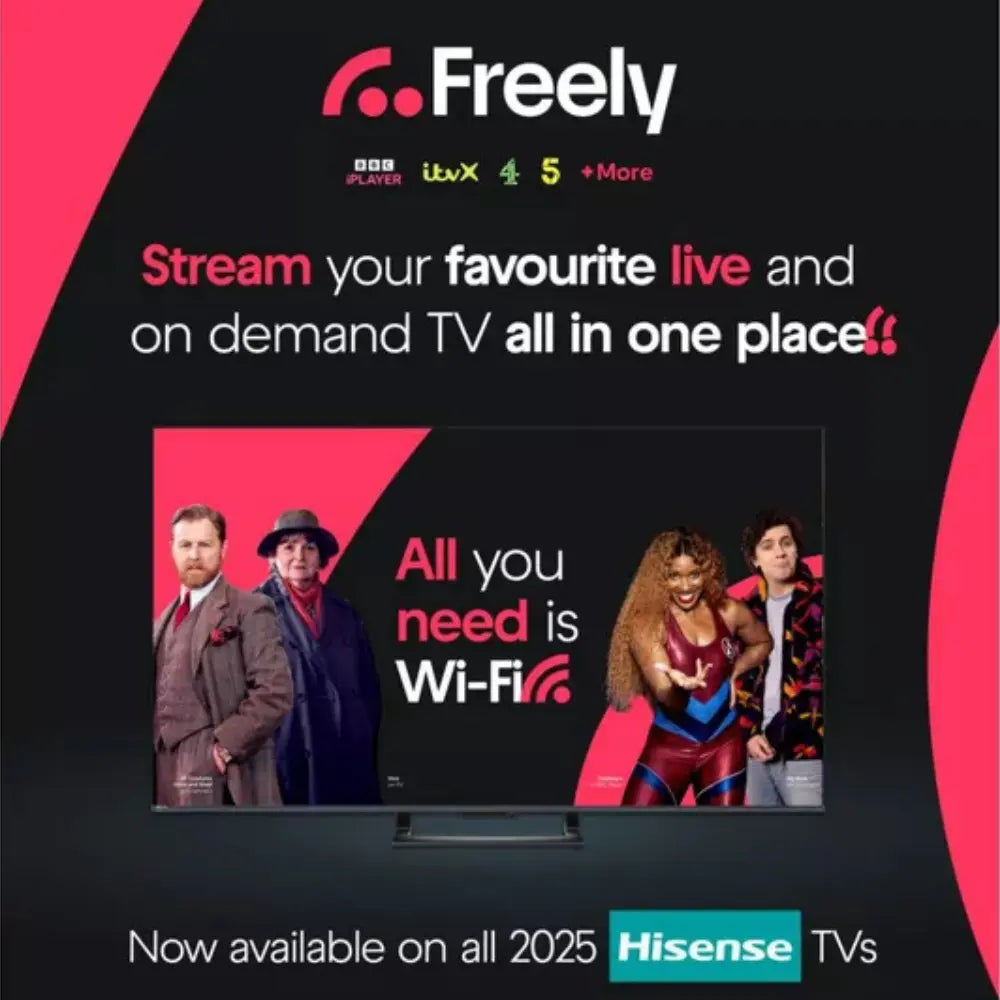 Hisense TV with Freely streaming feature graphic and multiple live channels icons.