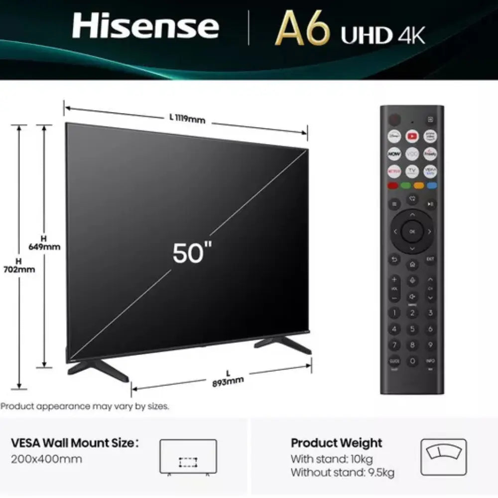 50-inch flat-screen 4K HDR smart TV with black remote control and stand