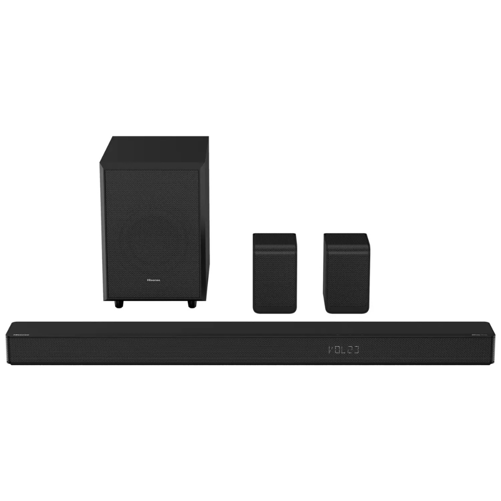 Black soundbar system with subwoofer and two compact wireless rear speakers