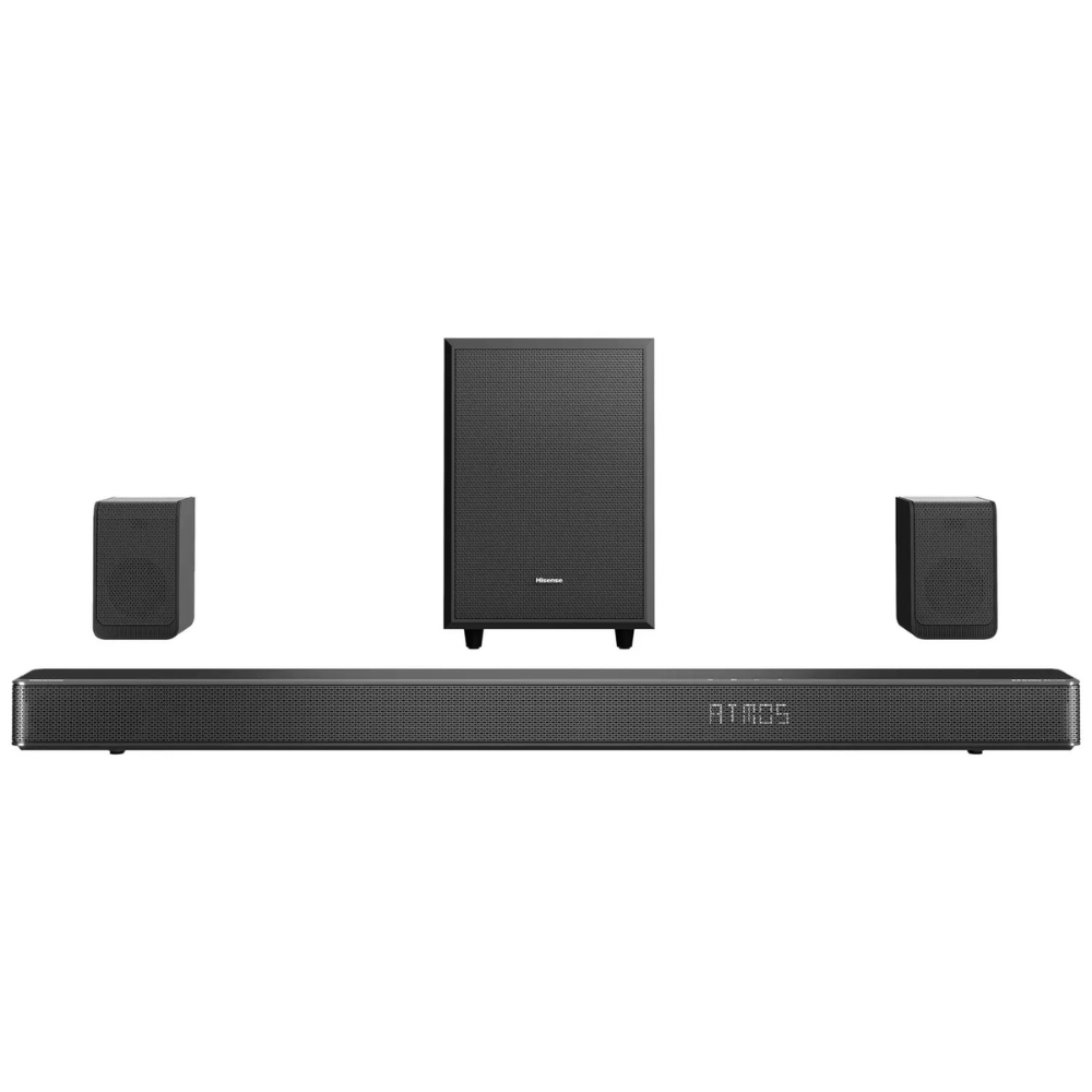 Dark gray soundbar with subwoofer and two wireless rear speakers