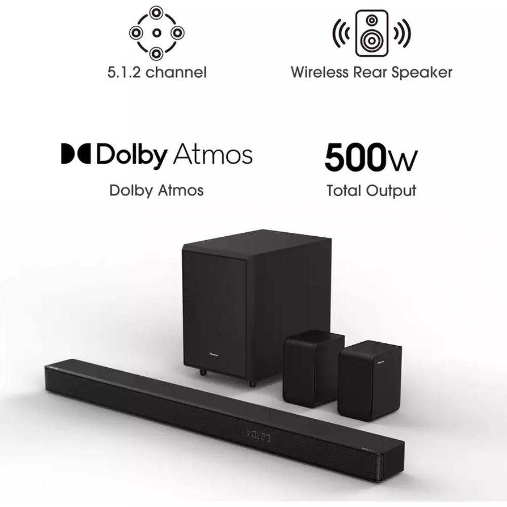 Black soundbar, subwoofer, and two wireless rear speakers set