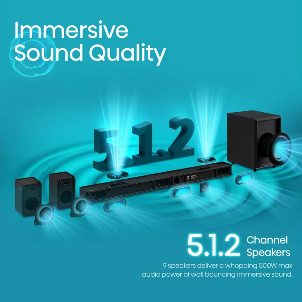 Soundbar with subwoofer and rear speakers, black 5.1.2 surround system