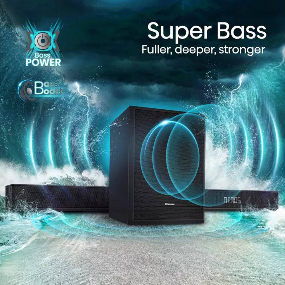 Black subwoofer with soundbar and wireless rear speakers for surround sound
