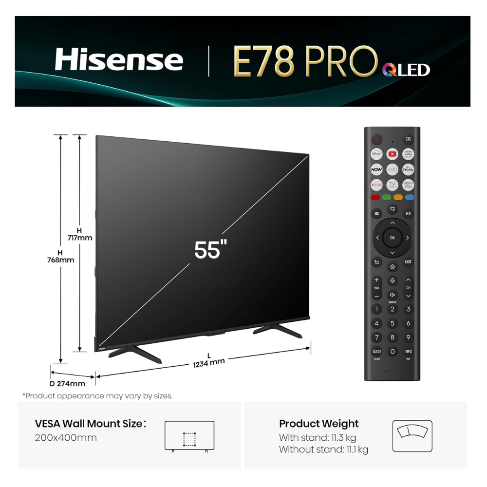 Hisense QLED 55-inch TV shown front view with black remote control