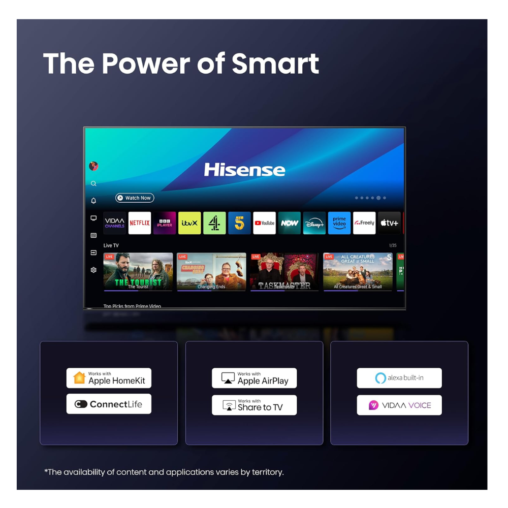 Hisense smart QLED TV with streaming app grid and connectivity/voice icons