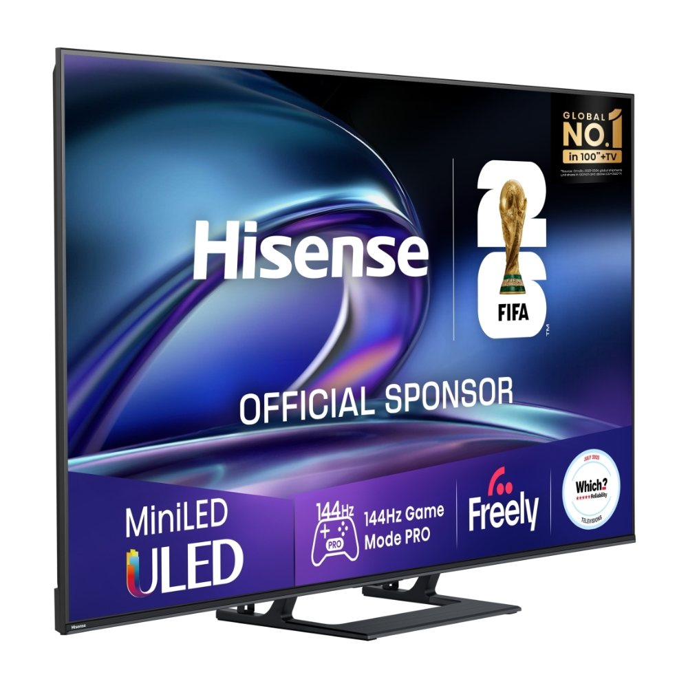 Hisense Mini LED ULED 4K TV front view with pedestal stand