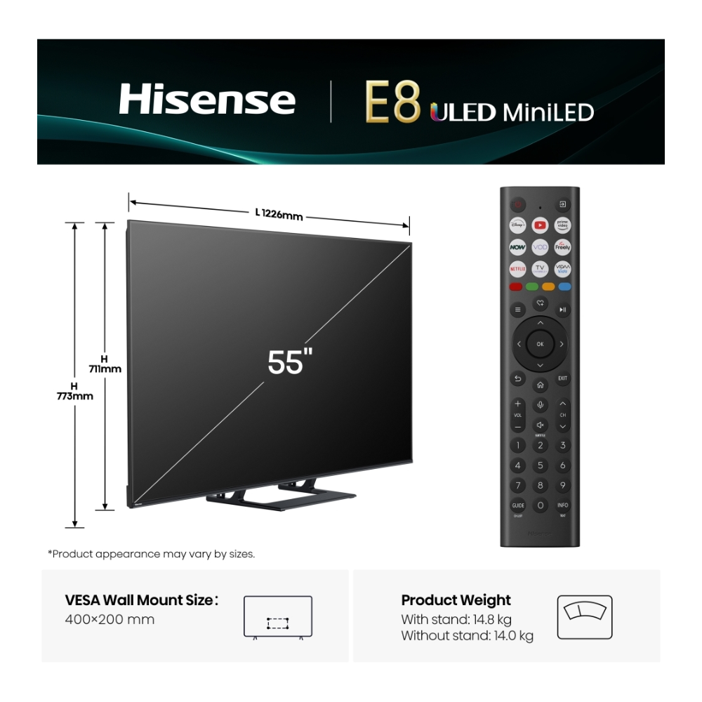 Hisense ULED Mini LED TV with remote and 55-inch size diagram