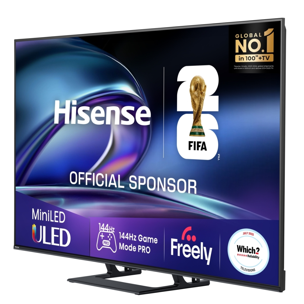 Hisense 65-inch 4K ULED MiniLED TV with FIFA/FreeSync promo screen, angled view