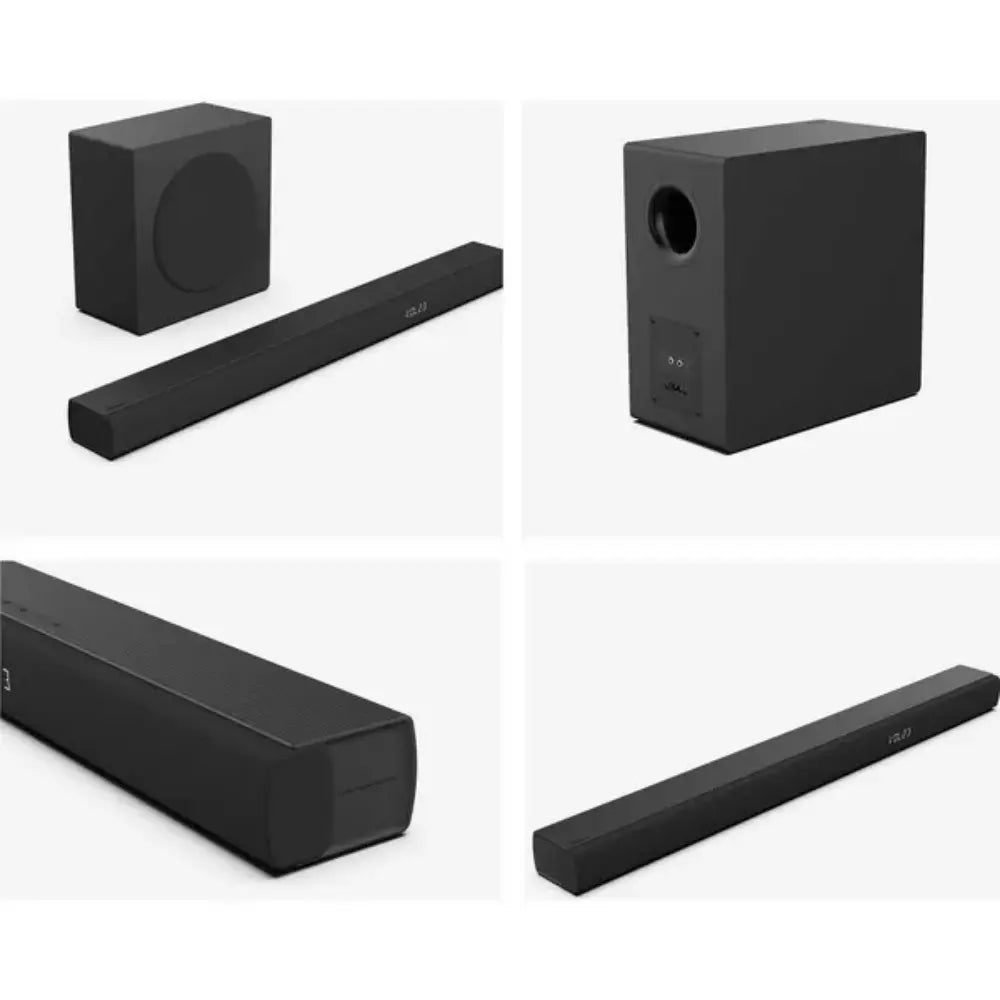 Black soundbar and cube wireless subwoofer shown from multiple angles, with side ports