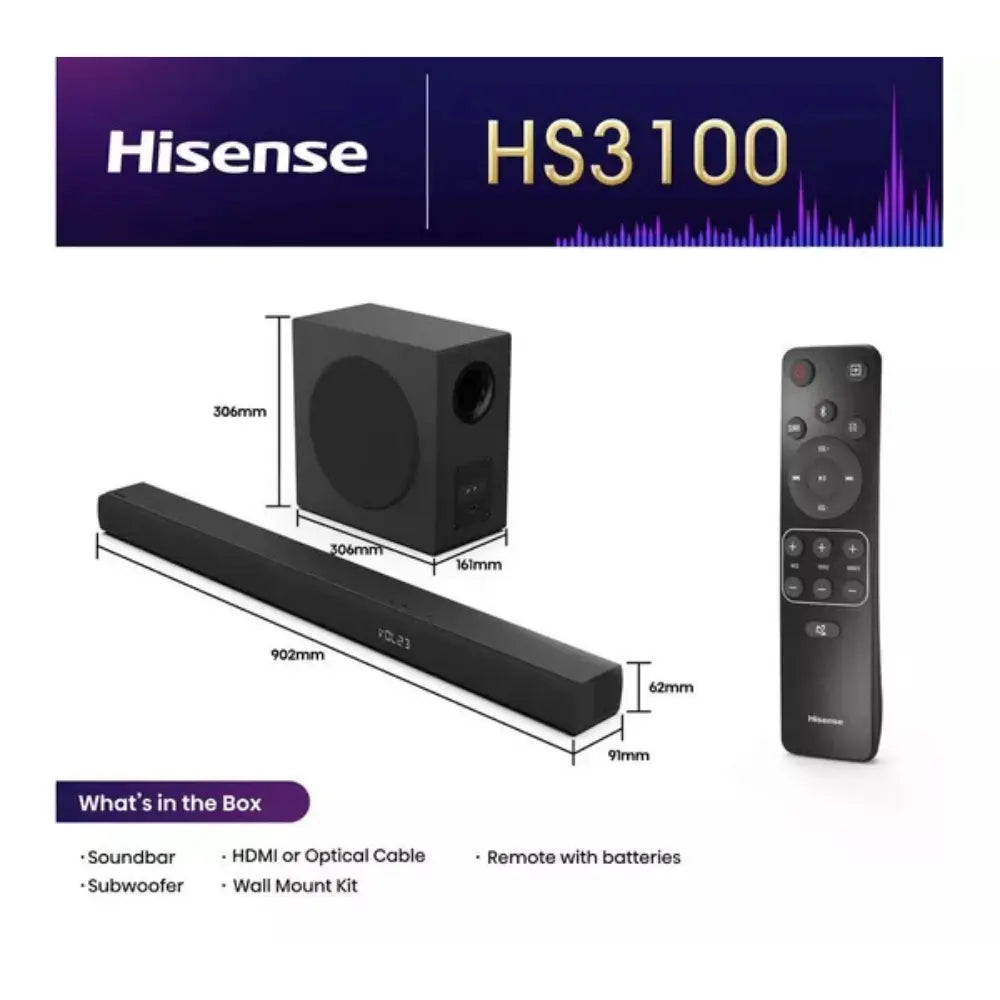 3.1 soundbar system diagram with subwoofer, remote, and included cables and wall mount kit