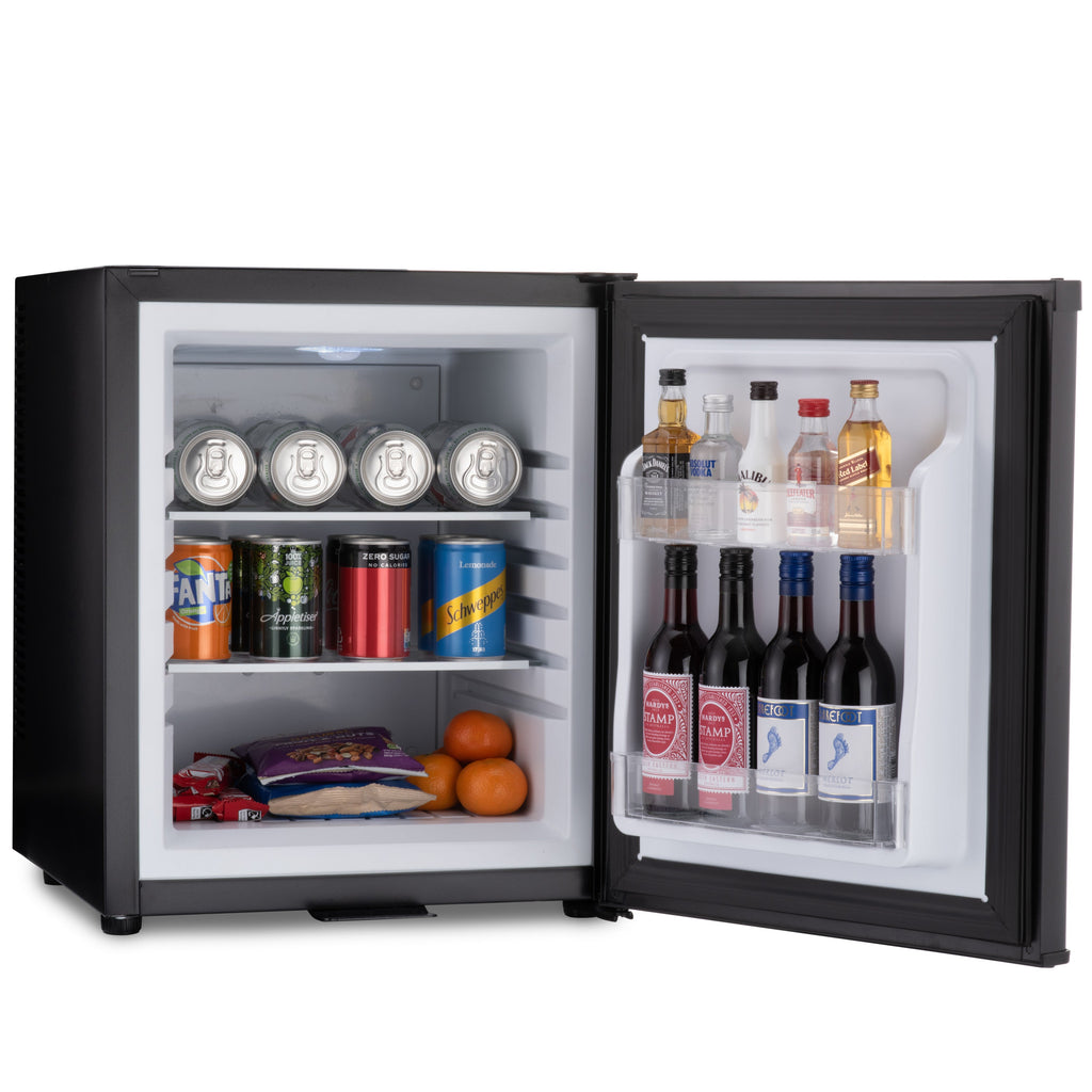 Black mini bar fridge with open doors and drinks arranged on interior shelves