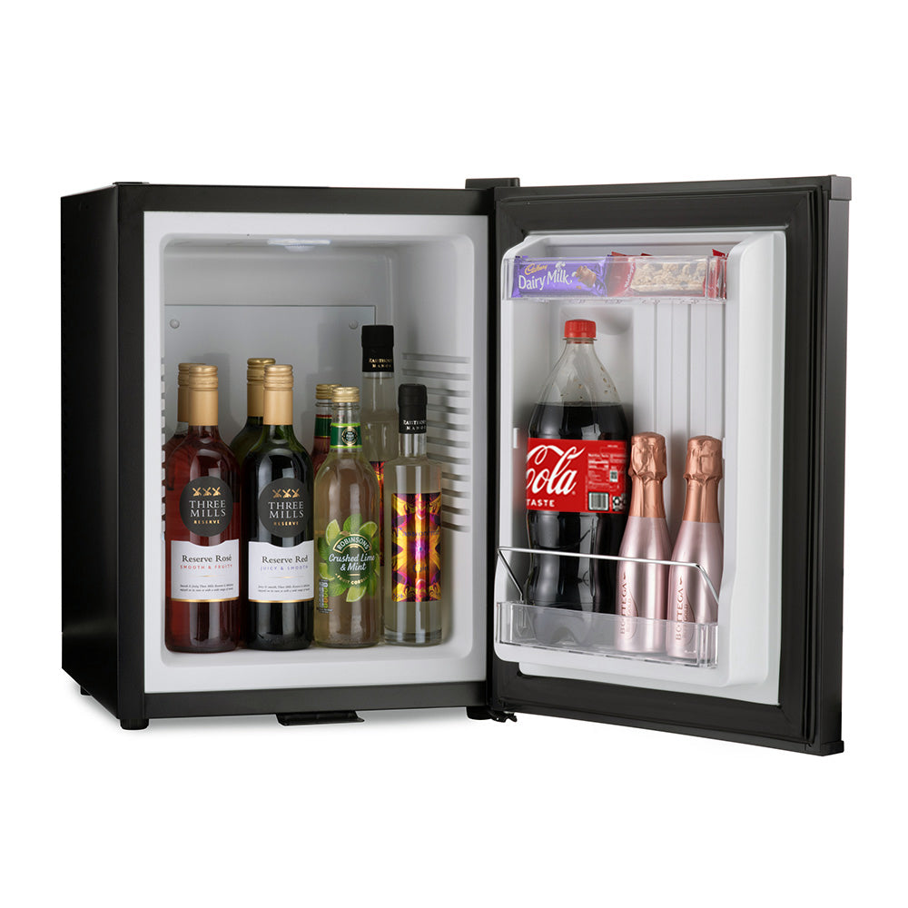 Black mini bar fridge with doors open; bottles and can storage in compartments