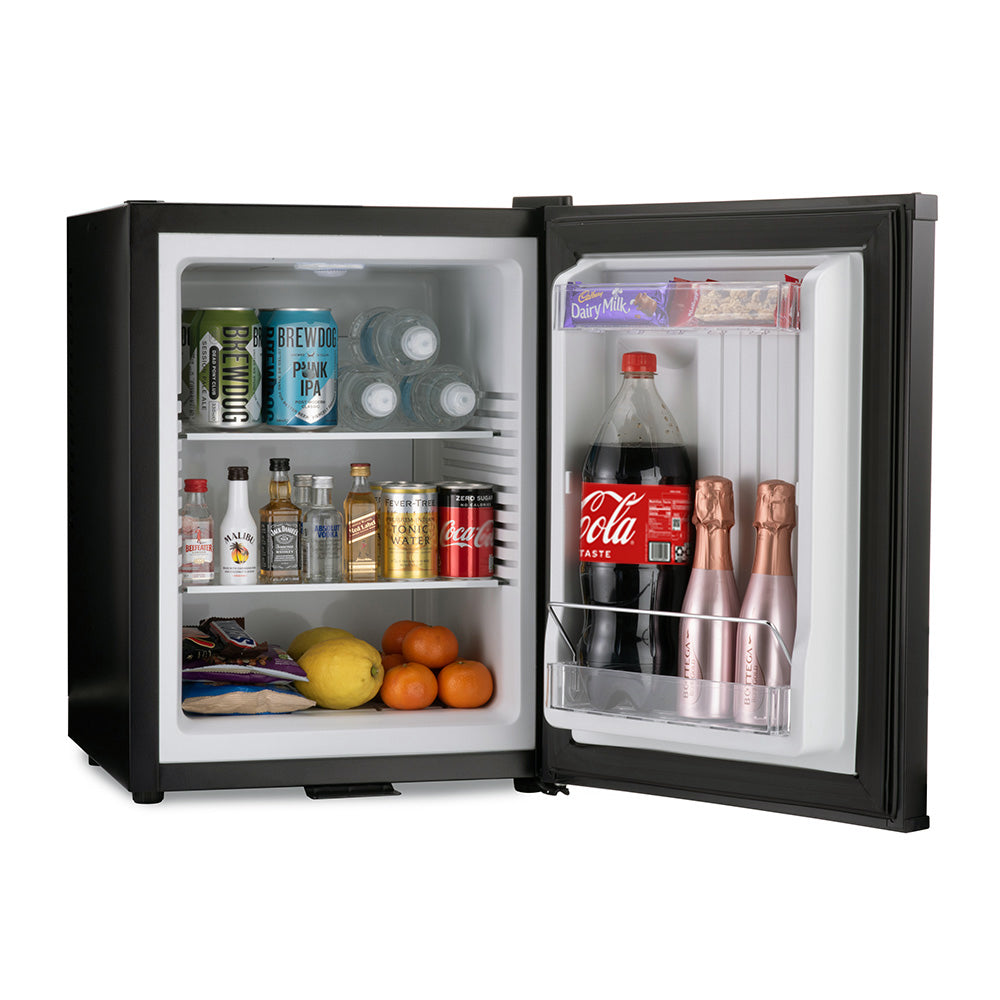 Black mini bar fridge with doors open; beverage bottle rack and interior shelves