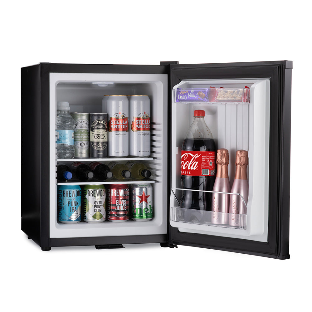 Black mini bar fridge with doors open; stocked interior shelves and door rack