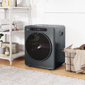 Grey compact front-load tumble dryer with round door and control panel