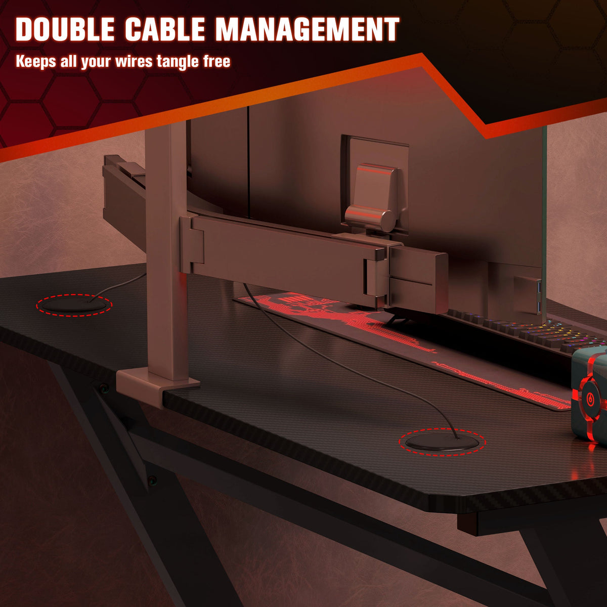 Black gaming desk featuring under-desk cable management channels and organized routing