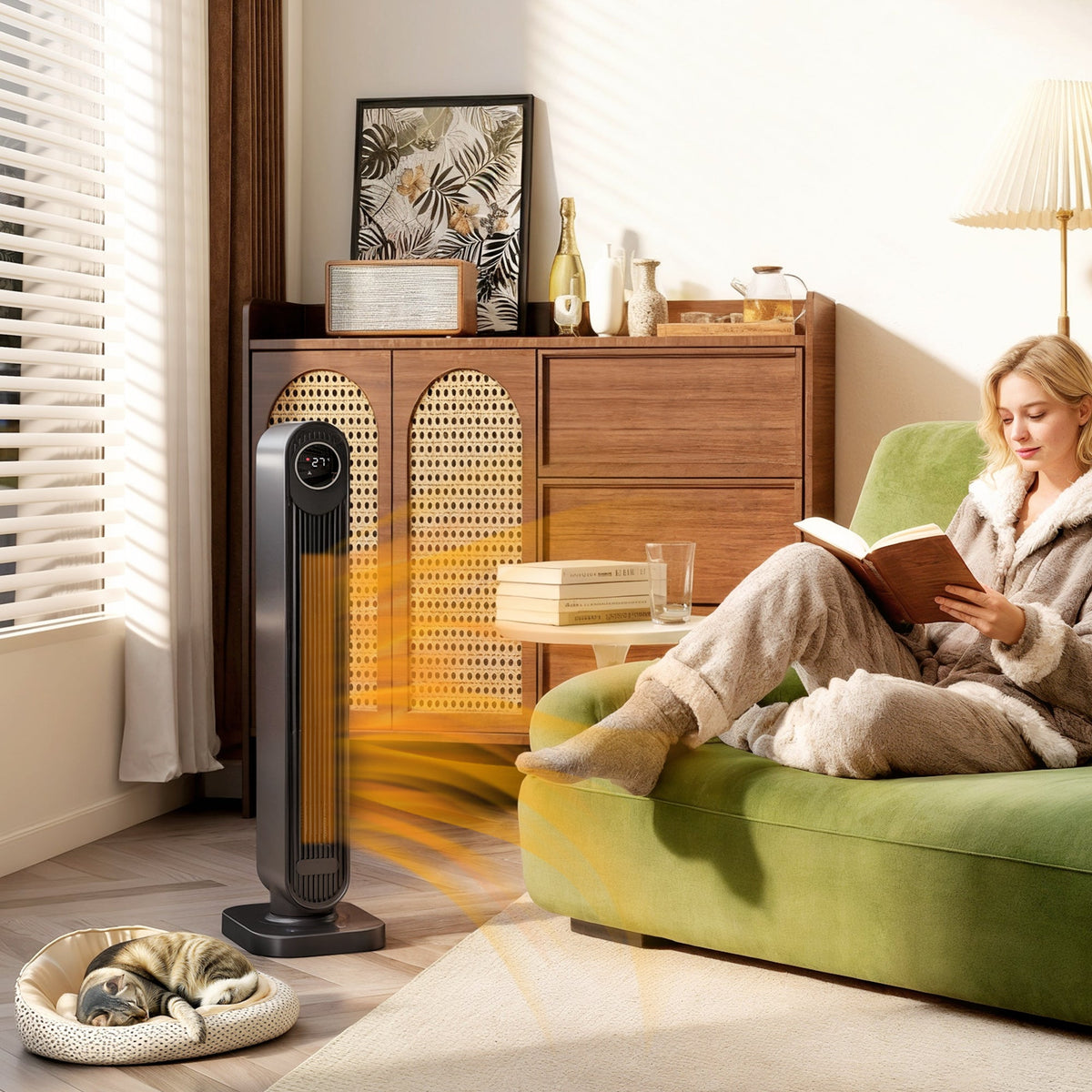 Black ceramic electric space heater with fan, standing on floor in living room.