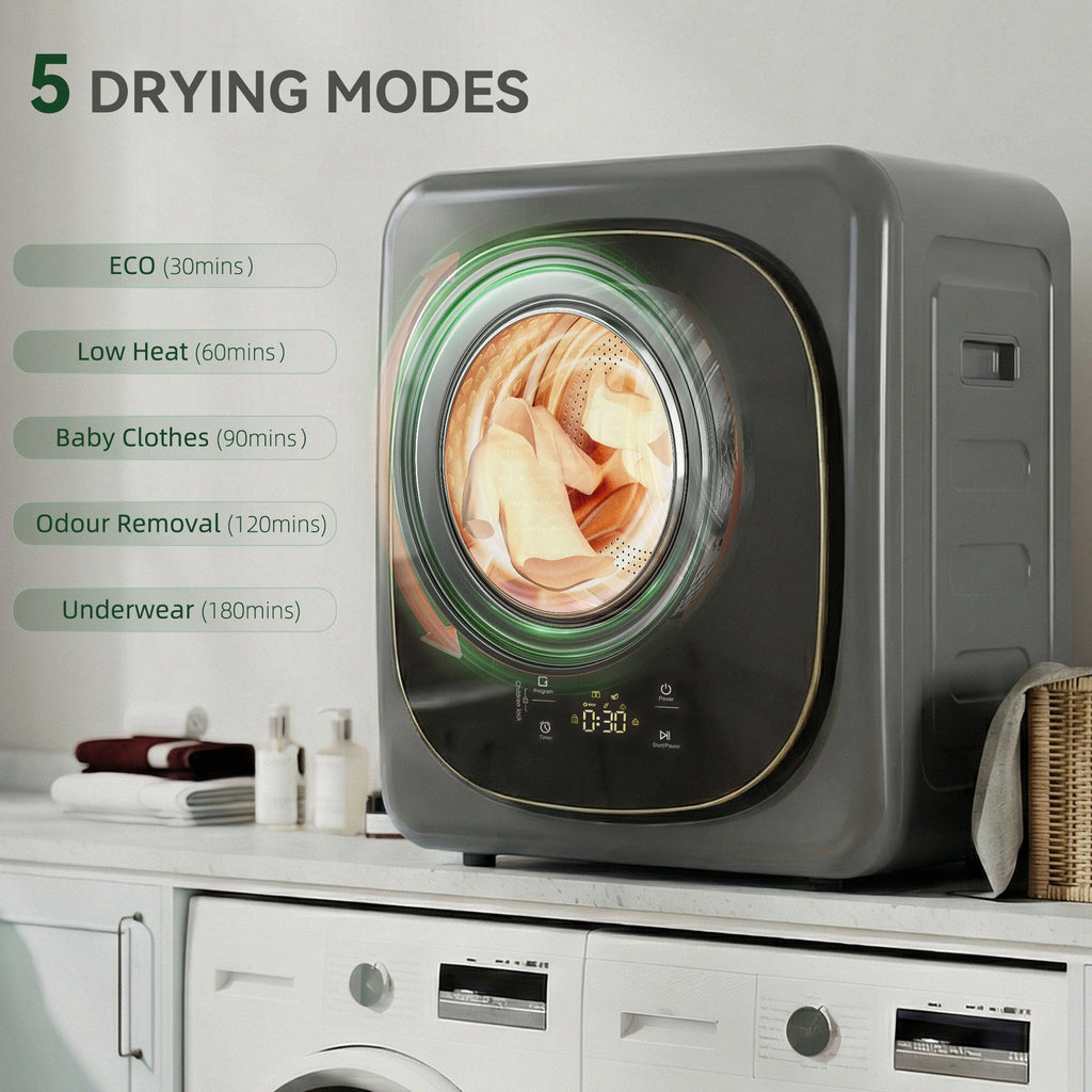 Grey front tumble dryer with circular door window and illuminated mode icons on panel.