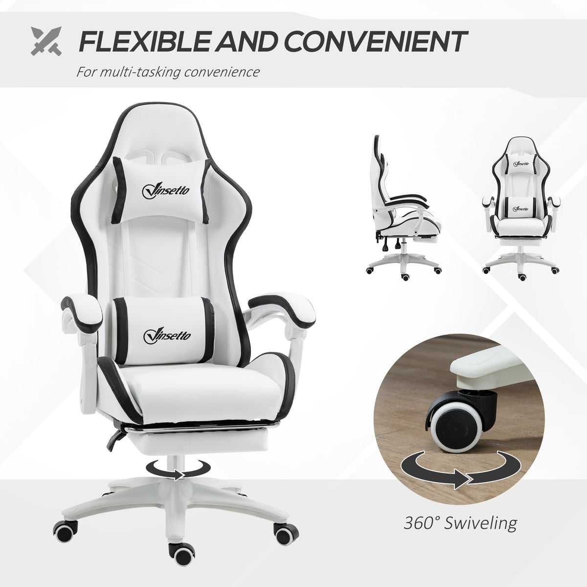 White gaming chair with black trim, swiveling base, padded seat and armrests.