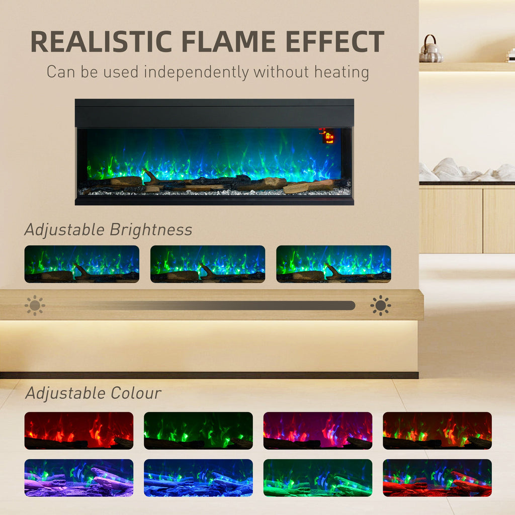 Black glass-panel electric flame convector heater showing adjustable multi-color flame effect.