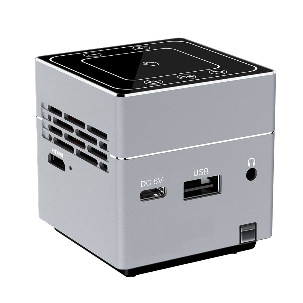 Gray projector rear panel with HDMI, DC 5V, and USB ports and vent grille
