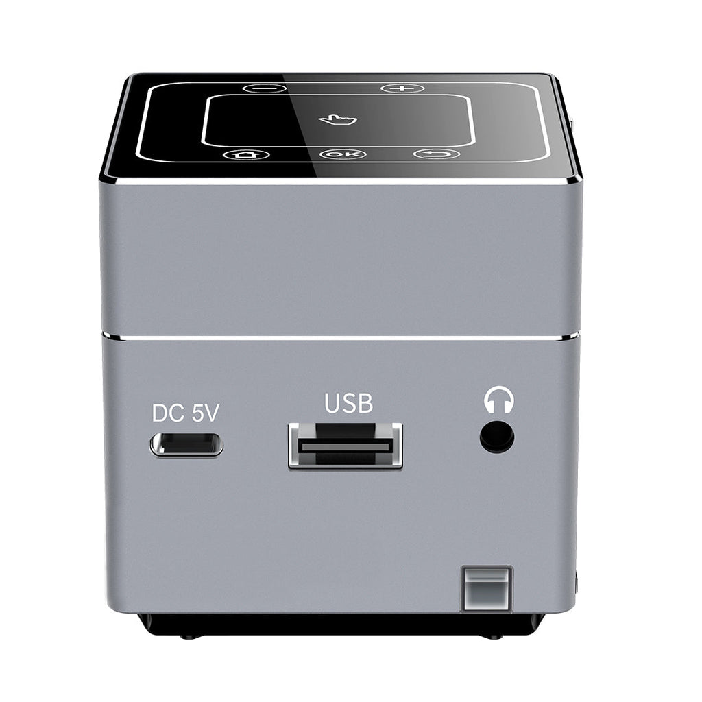 Gray smart LED projector rear panel with DC 5V and USB ports plus side button