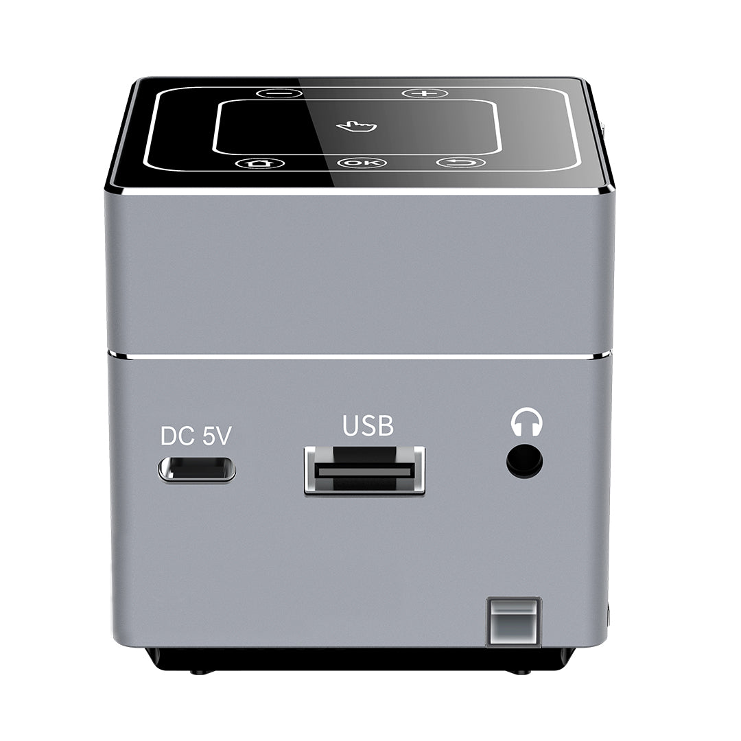 Gray smart LED projector rear panel with DC 5V and USB ports plus side button