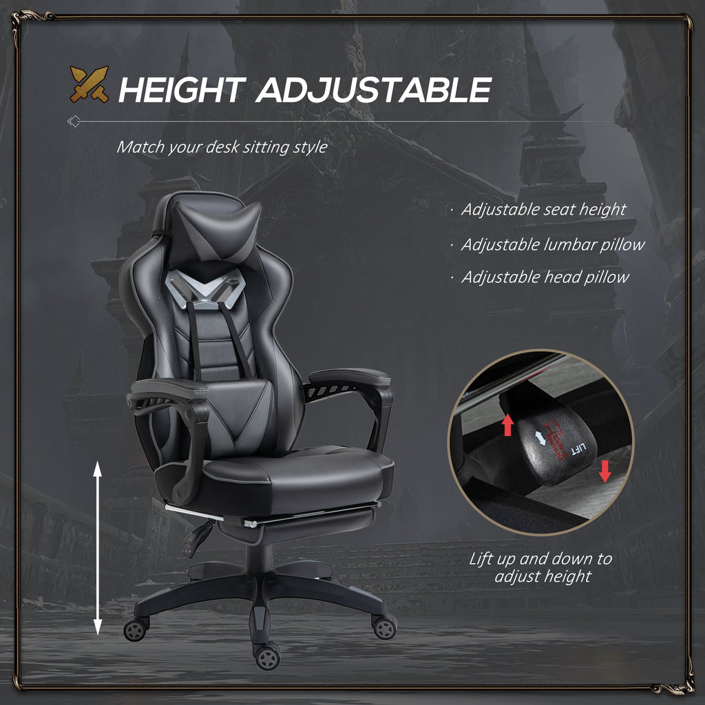 Height-adjustable gaming chair with headrest, lumbar support, and swivel caster base; dark grey