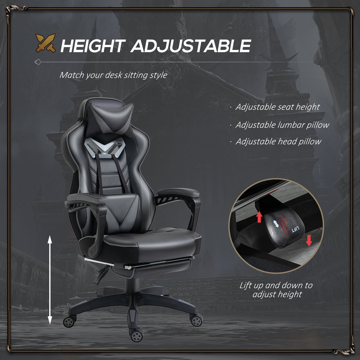 Height-adjustable gaming chair with headrest, lumbar support, and swivel caster base; dark grey