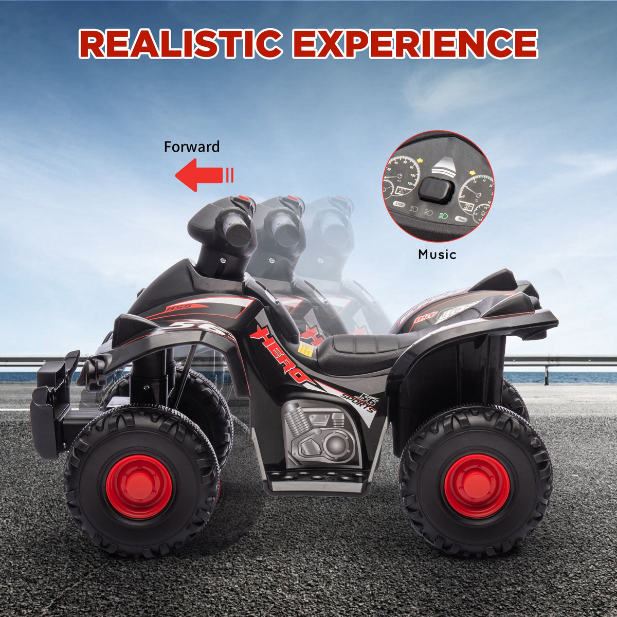 Black kids electric quad bike front view with red wheel accents and control display