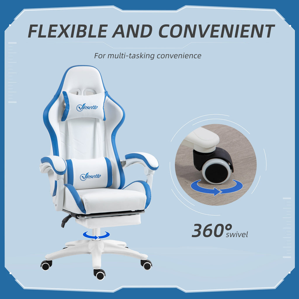 White and blue gaming chair with footrest and 360° swivel base shown