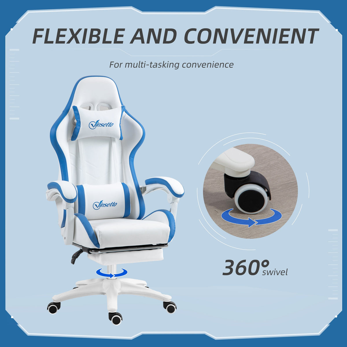 White and blue gaming chair with footrest and 360° swivel base shown