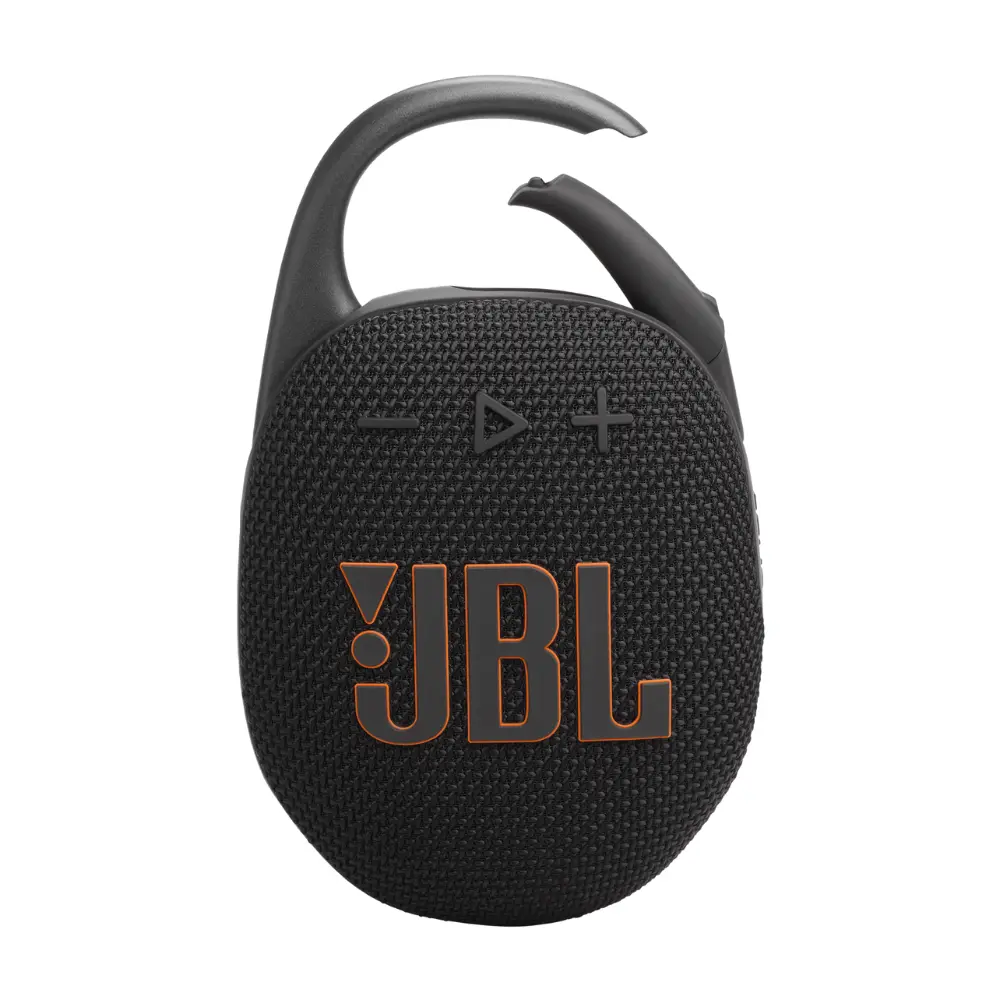 Black clip-style Bluetooth speaker with JBL logo and top control buttons