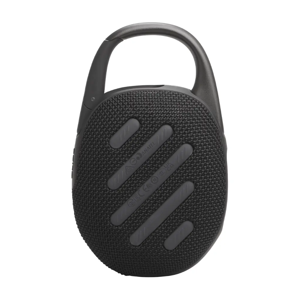 Black JBL Clip 5 speaker showing textured control panel and embossed button marks