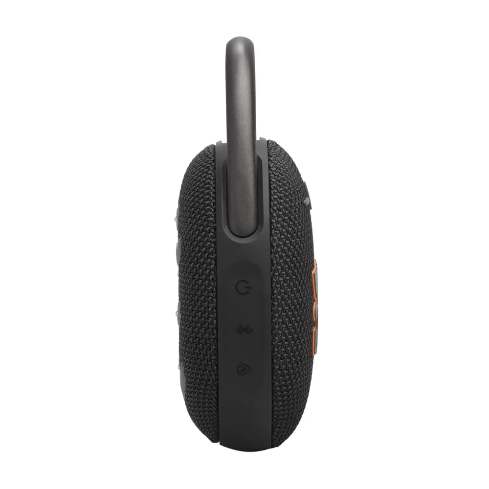 Black portable Bluetooth speaker side view with control buttons on raised panel