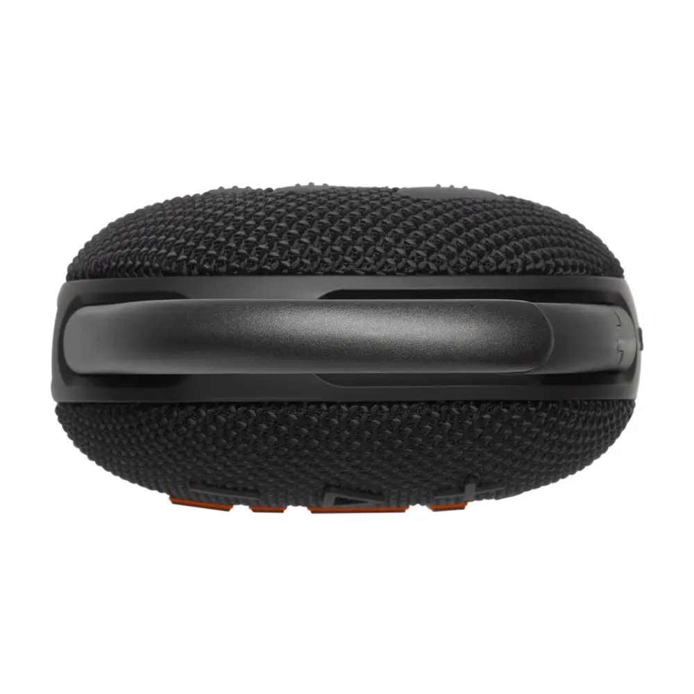 Black speaker bottom view with wide rubber base and orange accent rim