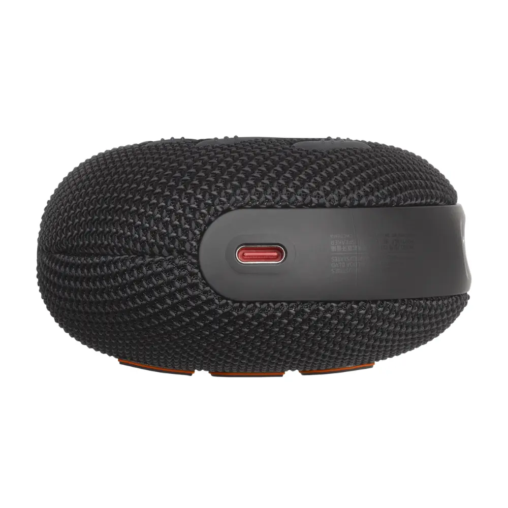 Black JBL Clip 5 speaker rear side with red status light and orange base accents