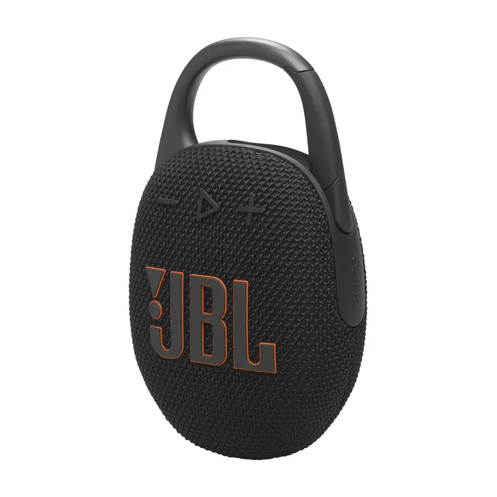 Black oval Bluetooth speaker with JBL logo, textured grille, and top carrying loop